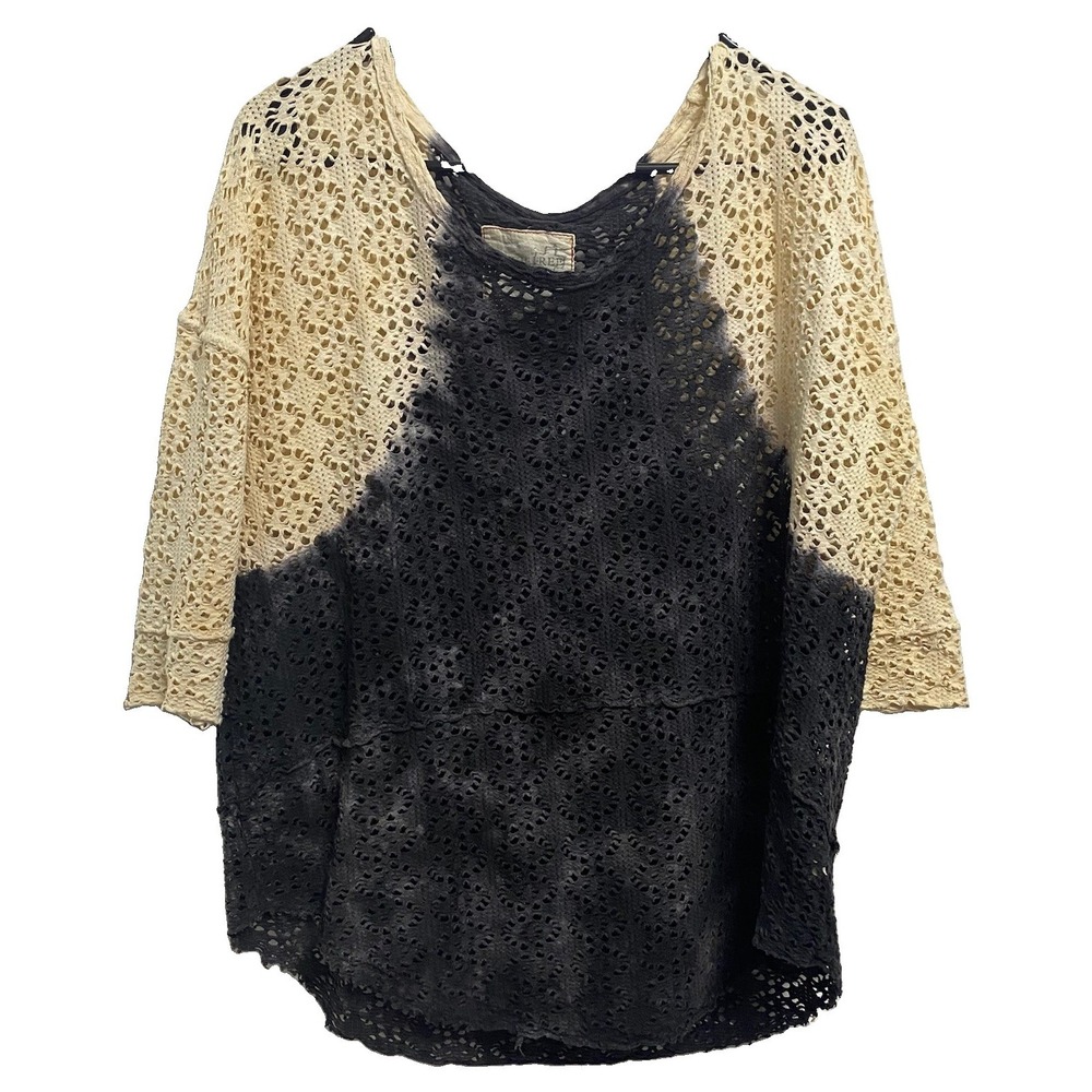 We The Free Women Eyelet Tunic Top Open Knit Oversizd Fade Shirt Black&Ivory S-L